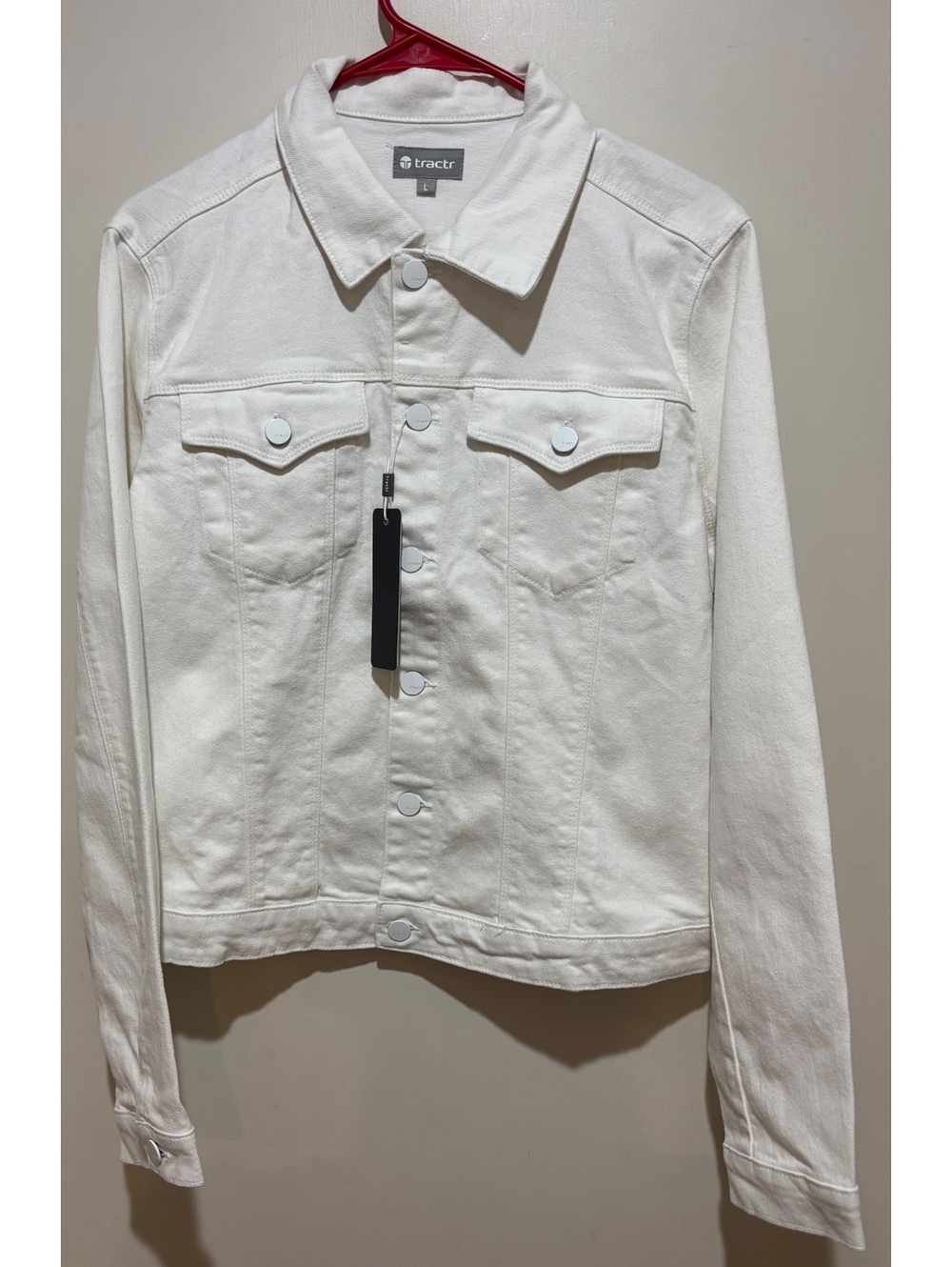 Tractr Womens L White Denim Jean Jacket Button Front NWT Stretch Trucker